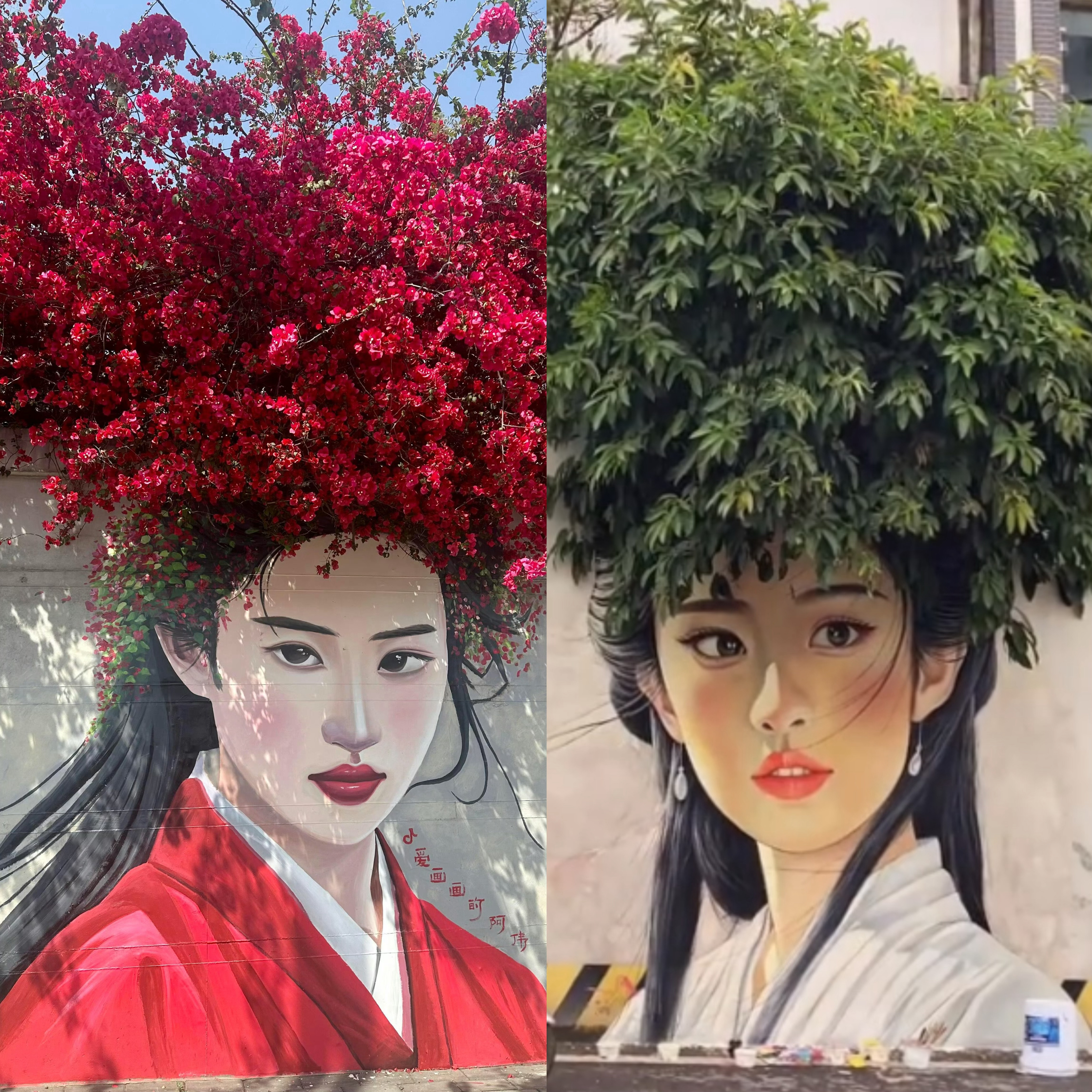 上次的刘亦菲花木兰花墙又有了后续，这回是小龙女花墙（我感觉画的有点像王语嫣+小龙