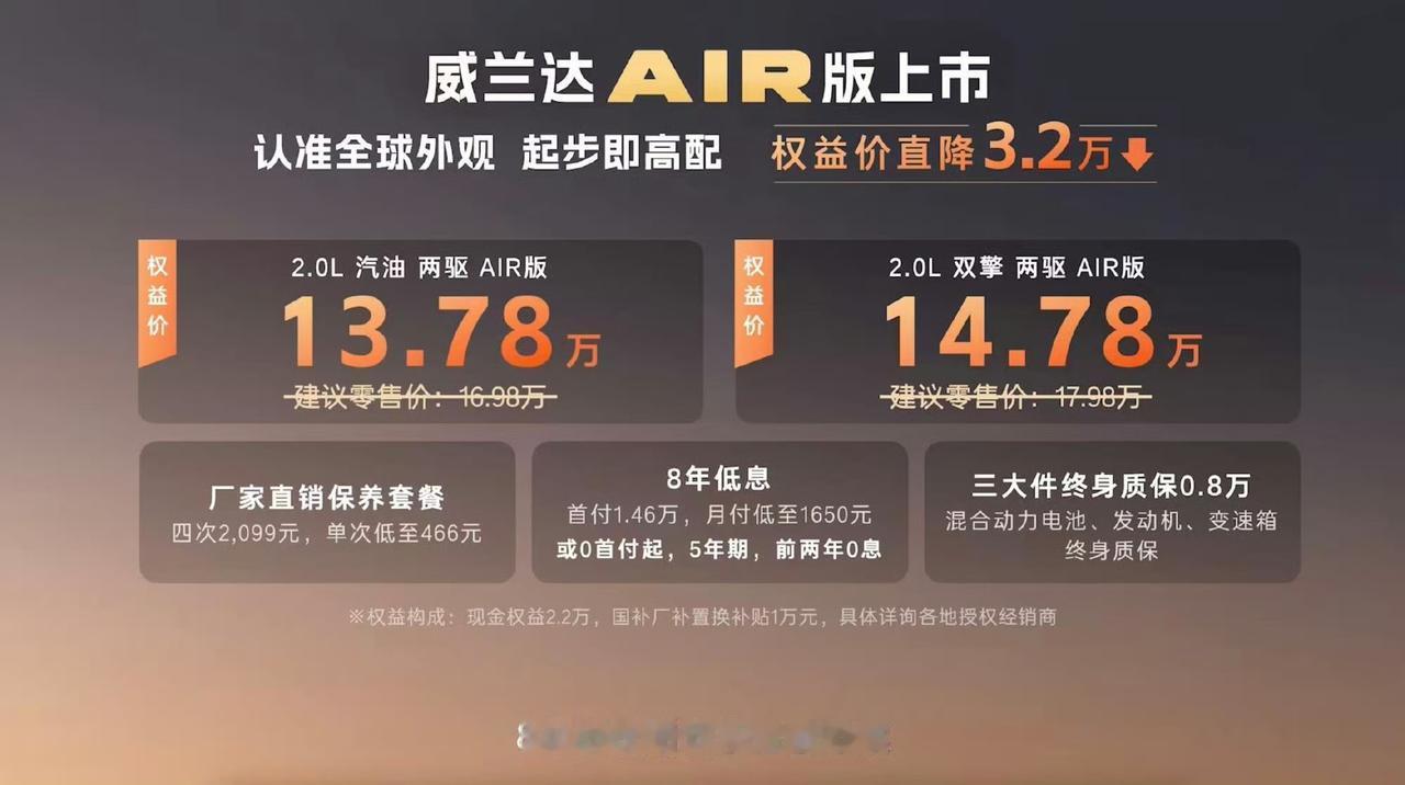 昨天是新年的第一个工作日，广汽丰田推出了全新威兰达AIR版车型，权益价13.78