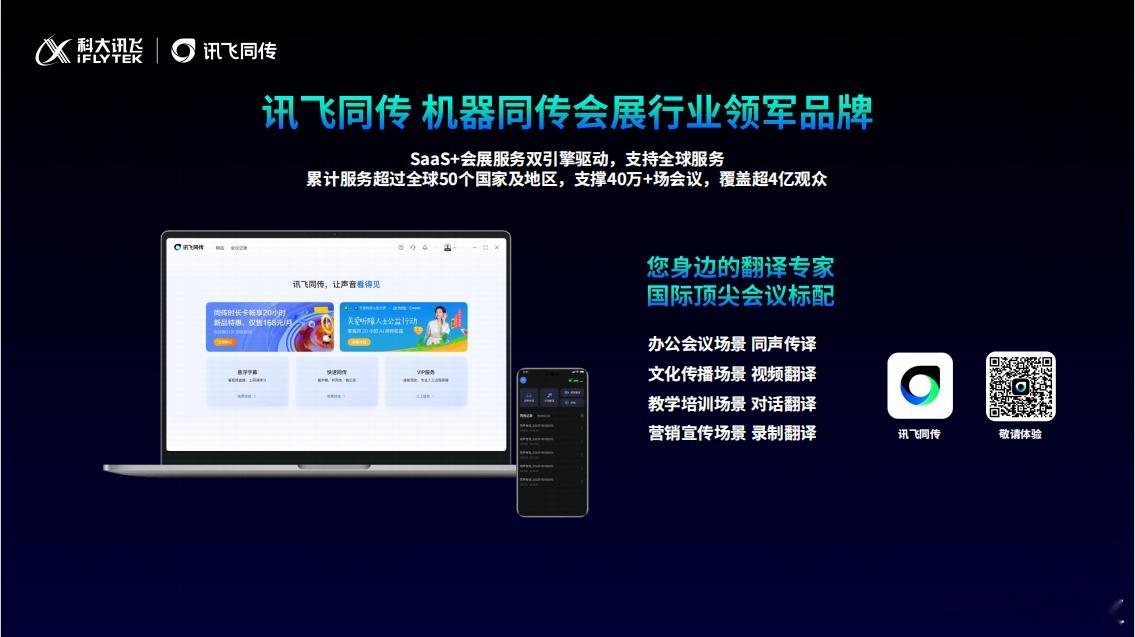 截至目前，讯飞同传已累计服务全球 50 多个国家和地区，成功助力超 40 万场次