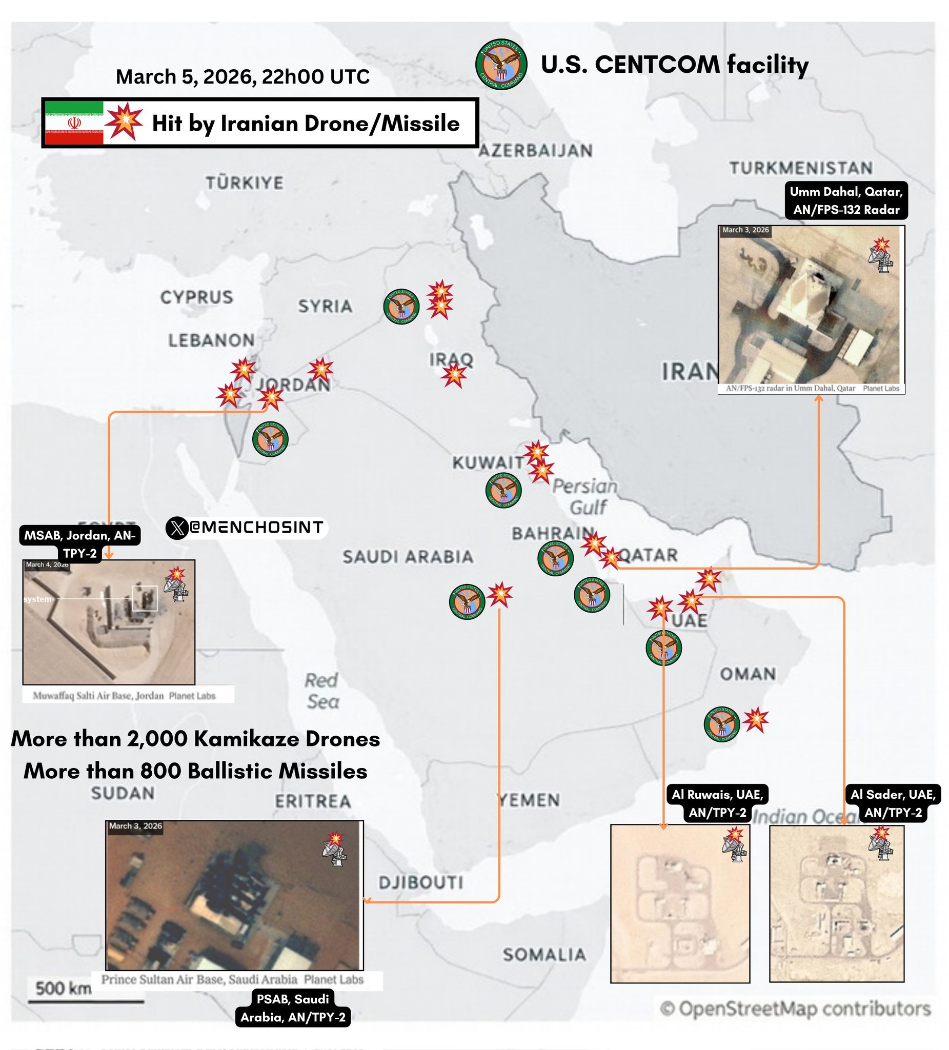 截至3月5日，通过卫星图像可以确认的美军已受损或者被摧毁的高价值雷达位置分布，包
