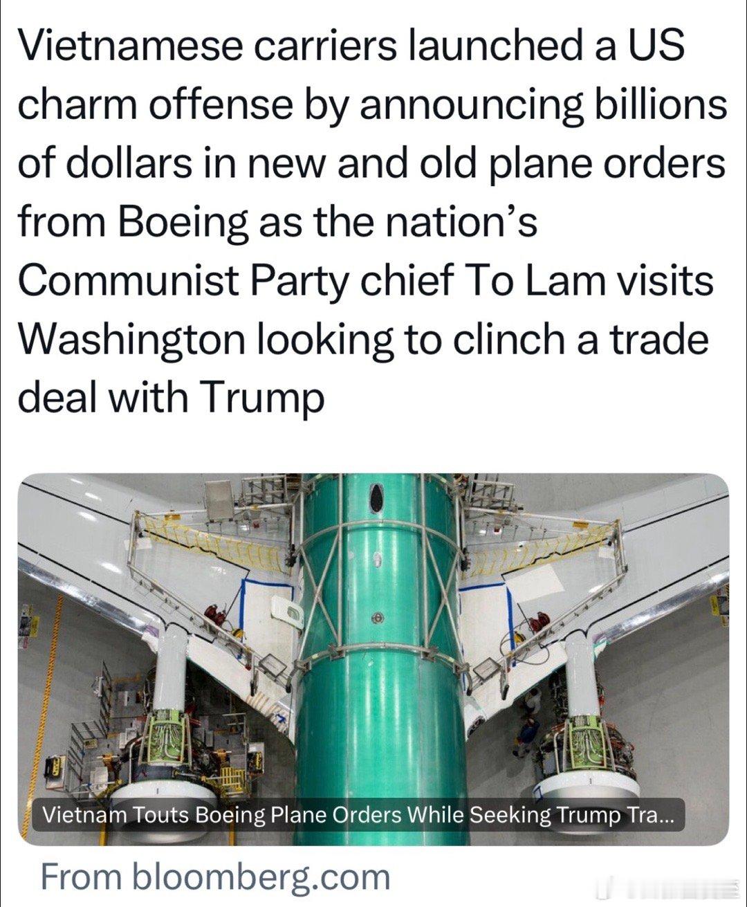 越南各大航空公司，宣布新旧波音订单，为在本国领导人近期访美、敲定贸易协议前，制造
