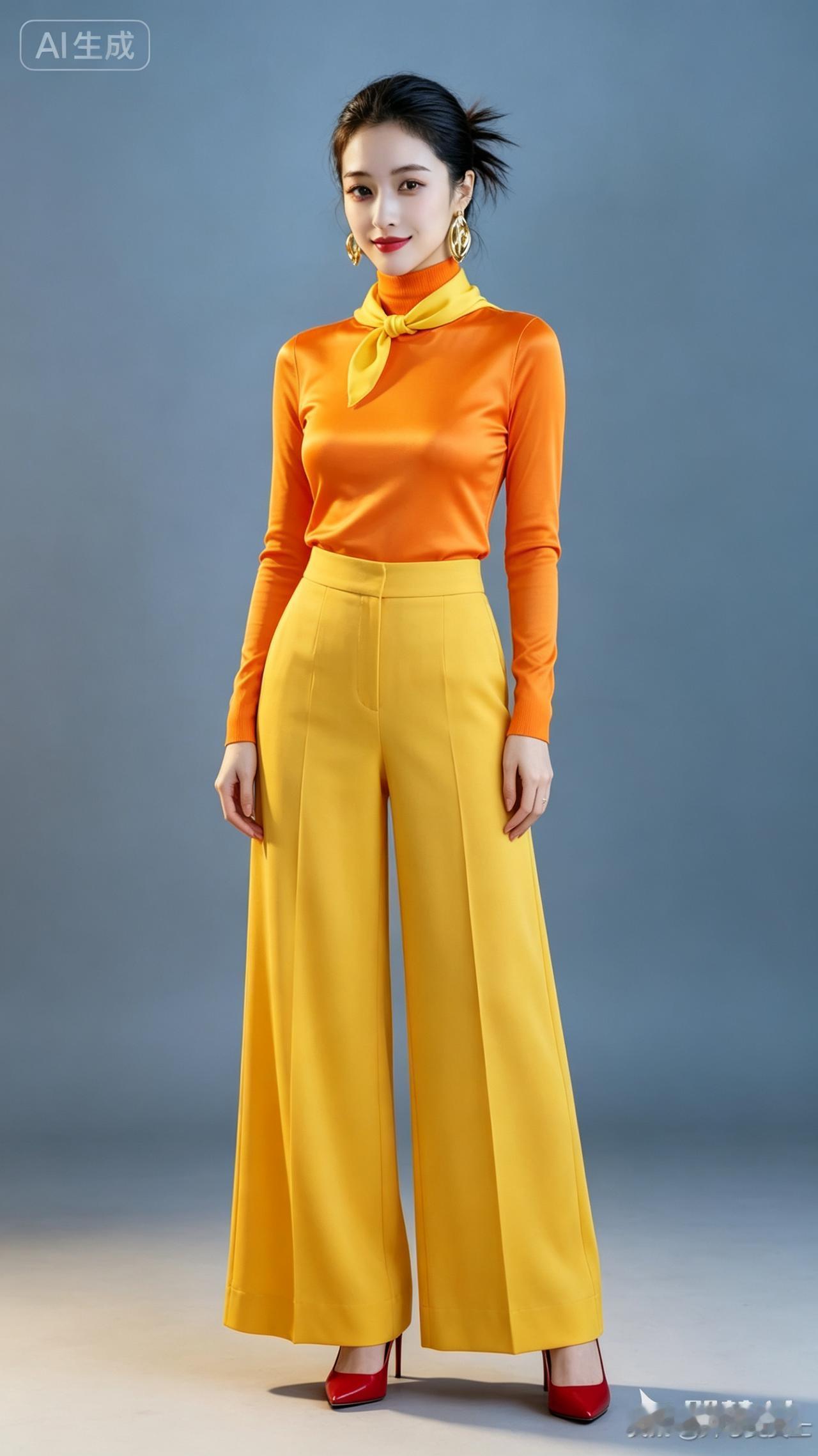 时尚穿搭指南：橙色高领衫+黄色喇叭裤，红鞋点缀，尽显优雅气质！