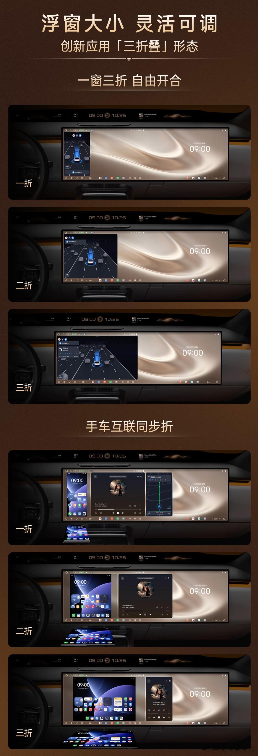 折叠屏的手机也可以跟车机联动了，腾势N8全新的UI交互系统与手机同步“折叠”，不