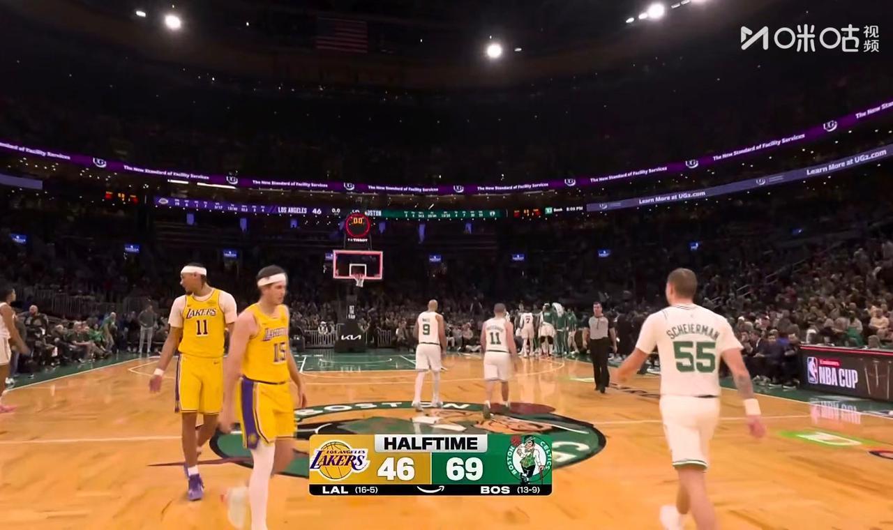 半场结束，湖人46-69凯尔特人。里夫斯文森特各得12分。
缺人不是借口，昨天残