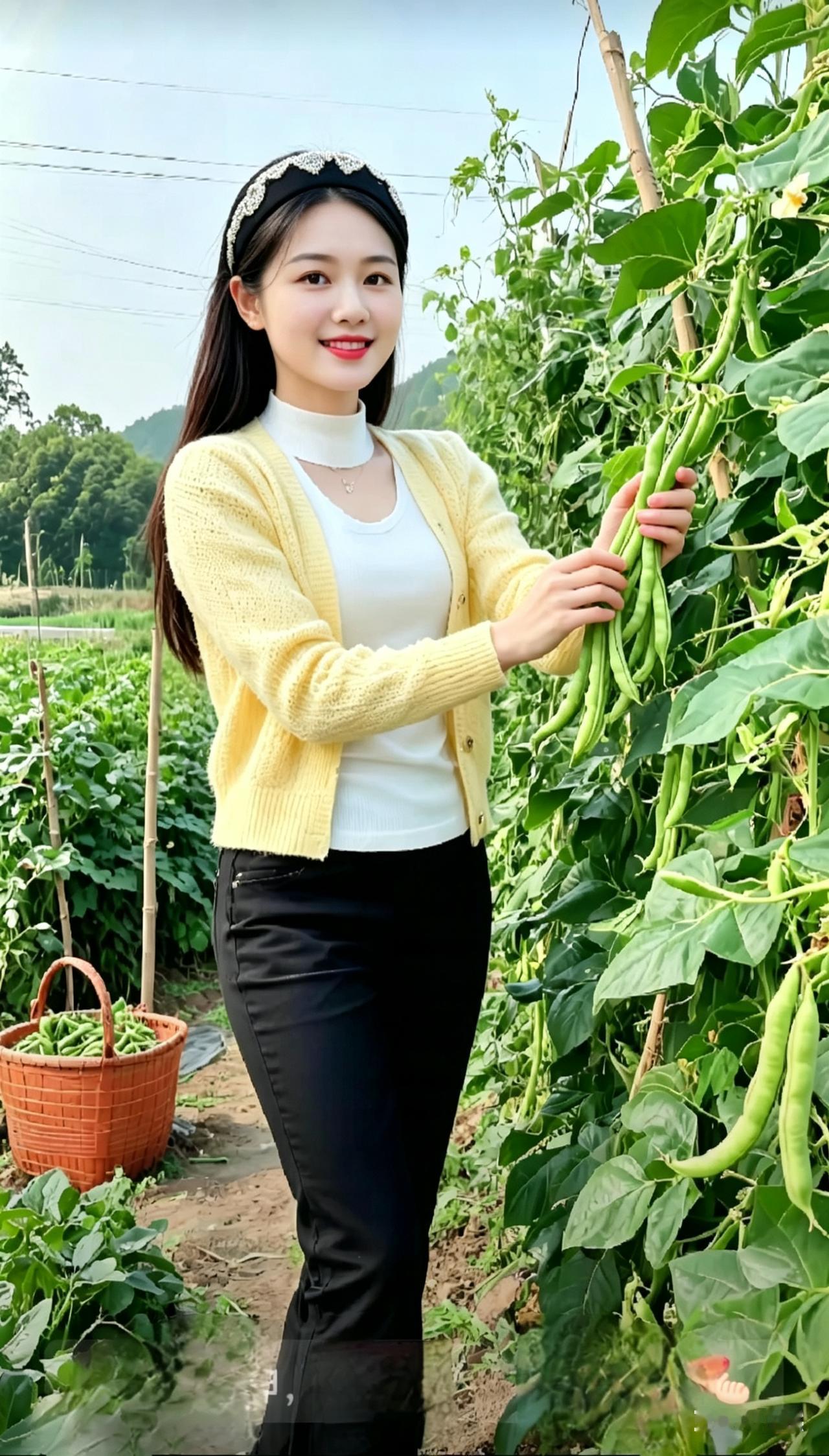 美女在田里摘豆角，笑得真甜。