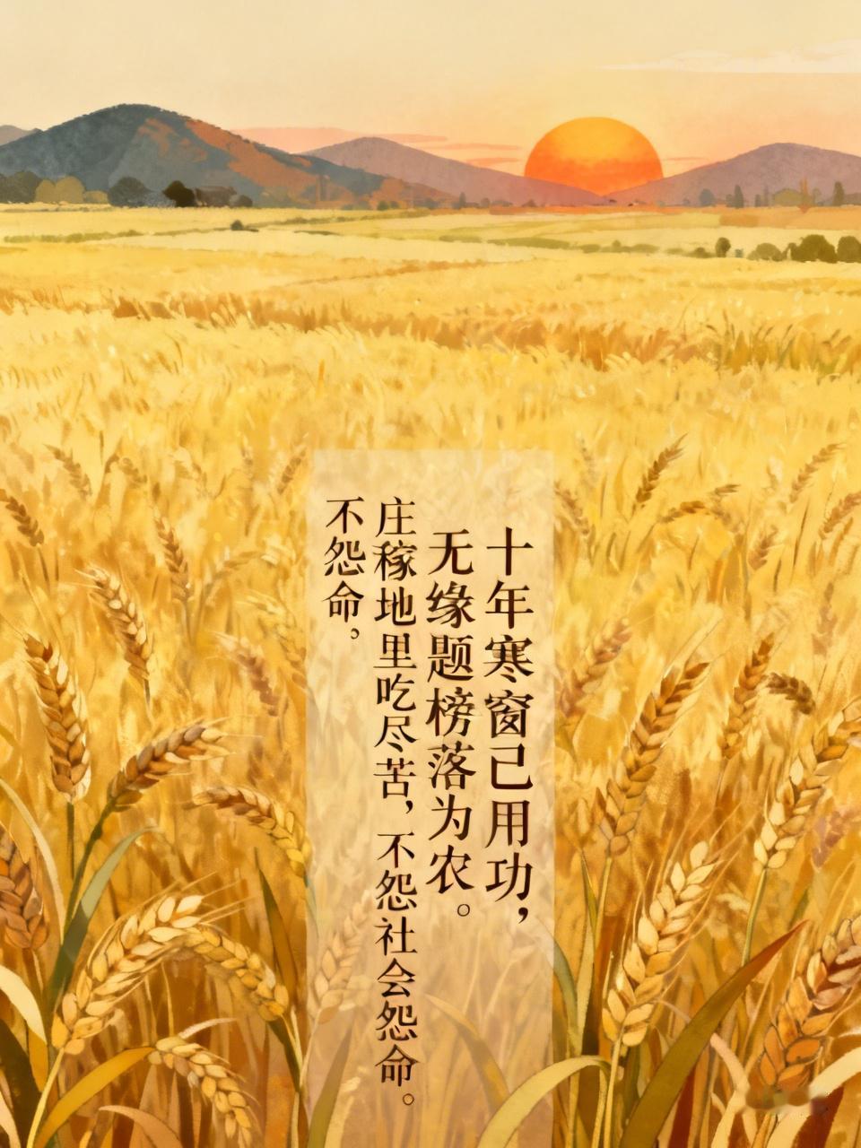 十年寒窗已用功，
无缘题榜落为农。
庄稼地里吃尽苦，
不怨社会不怨命。     