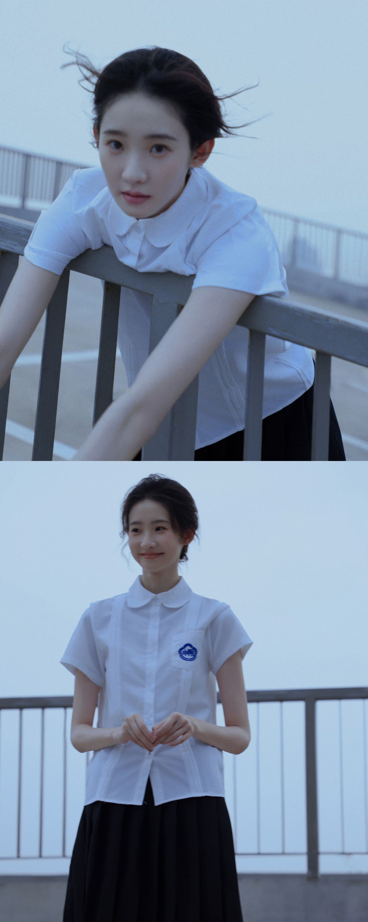   身着白色校服衬衫，黑长直随风轻动，站在阳光里。笑起来像夏天的风，沉默时像冬日