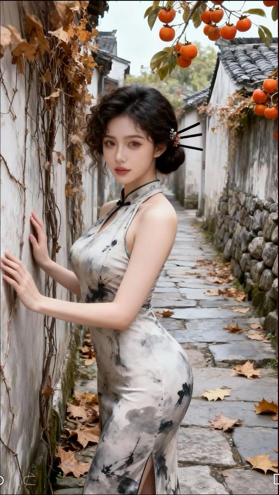 古巷佳人，韵致天成

一位身着水墨旗袍的女子，立于幽幽古巷。旗袍上墨色晕染，似山