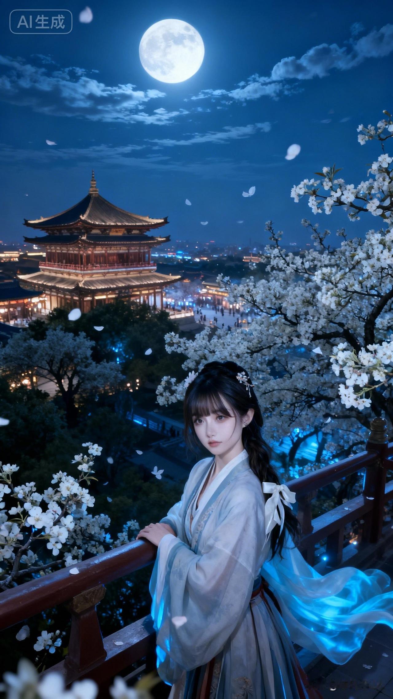 月光下的古风少女，梦回大唐！国风古代美人 月下汉服美人 大唐古风姑娘 古风夜景