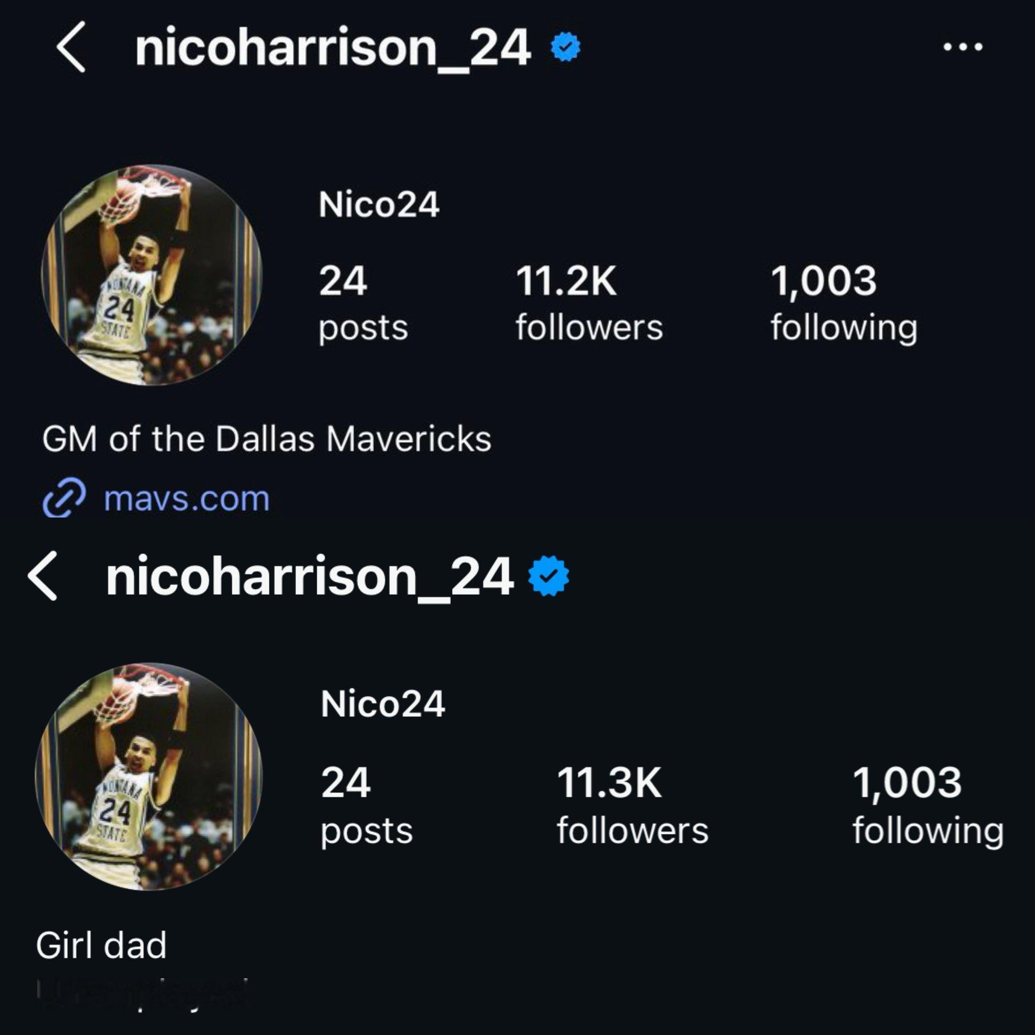 Nico哈里森已经把自己IG的简介从“独行侠总经理”改成了“女儿爸爸，待业”。