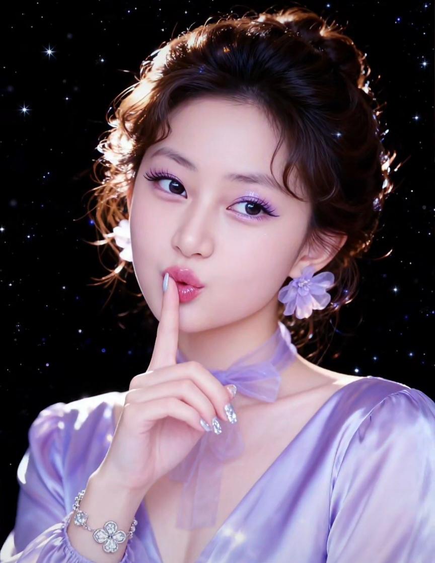 梦幻星空下的紫色仙子，轻吻指尖，静谧如梦。