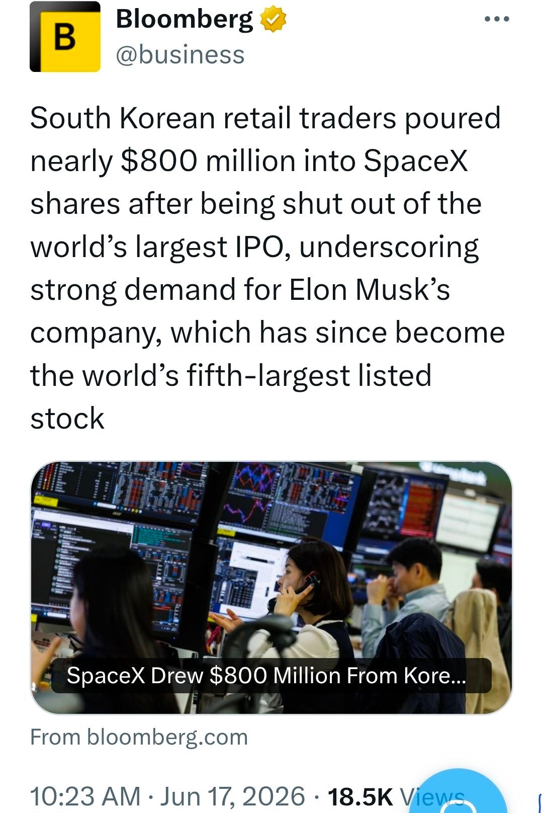 美国主流财经新闻CNBC转发，Jim Cramer说，SpaceX的投资者并非是