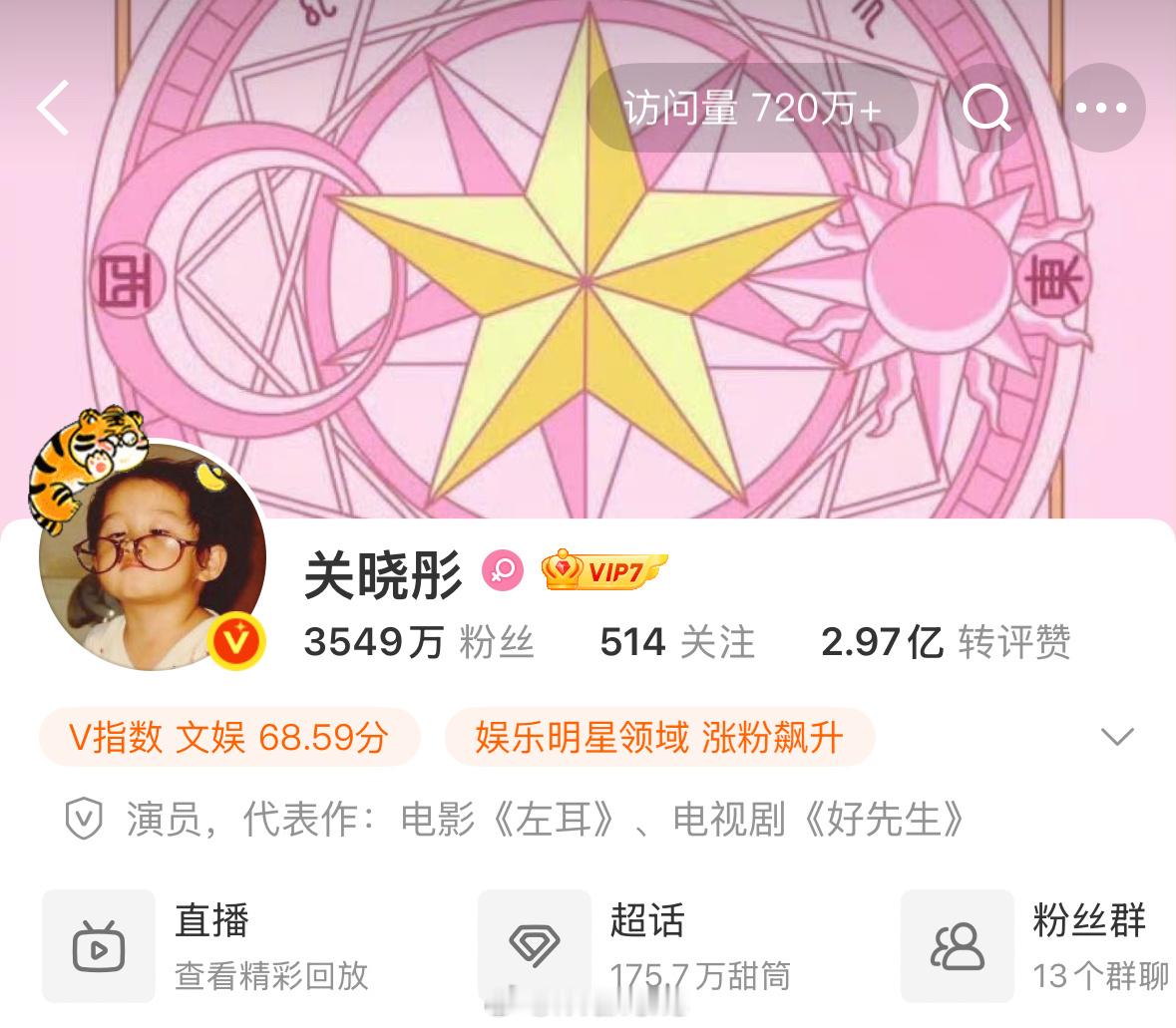 刚去看了关晓彤个人微博主页访问量，都破720万+了！🙉关晓彤主页访问量 ​​​