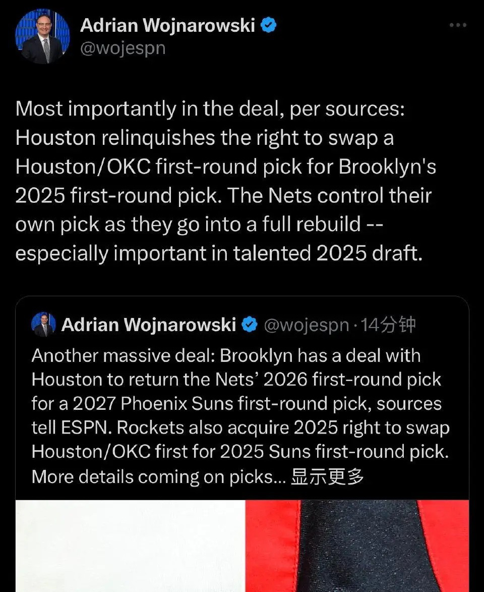 Woj：火箭收拾首轮签是想冲击杜兰特 ，或者干一票大的！！ ​​​