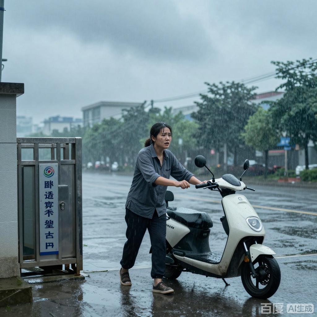 6月22日清晨，当地突降暴雨。
一位小姐姐骑电动车出门，雨势太大无处可躲，只好停