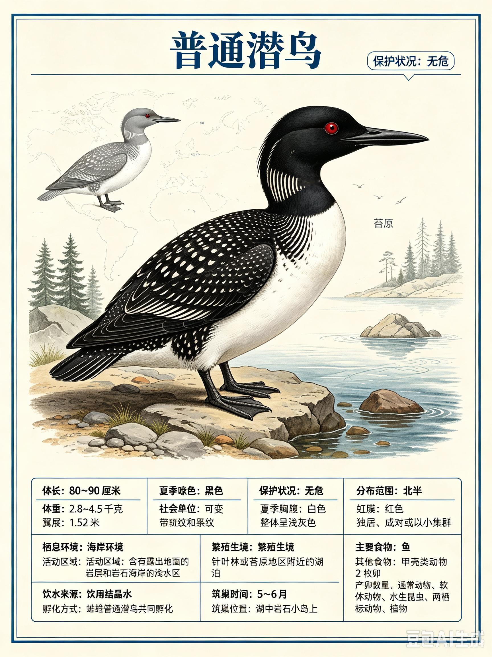 鸟类朋友图鉴 普通潜鸟体长：80~90 厘米体重：2.8~4.5 千克翼展：1.