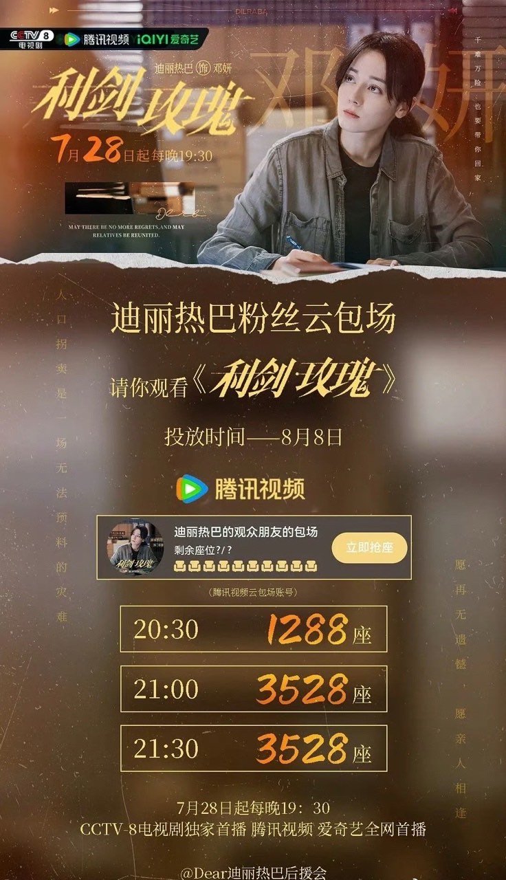 迪丽热巴粉丝云包场迪丽热巴粉丝今天利剑玫瑰云包场8000➕走过路过今晚一起看利剑