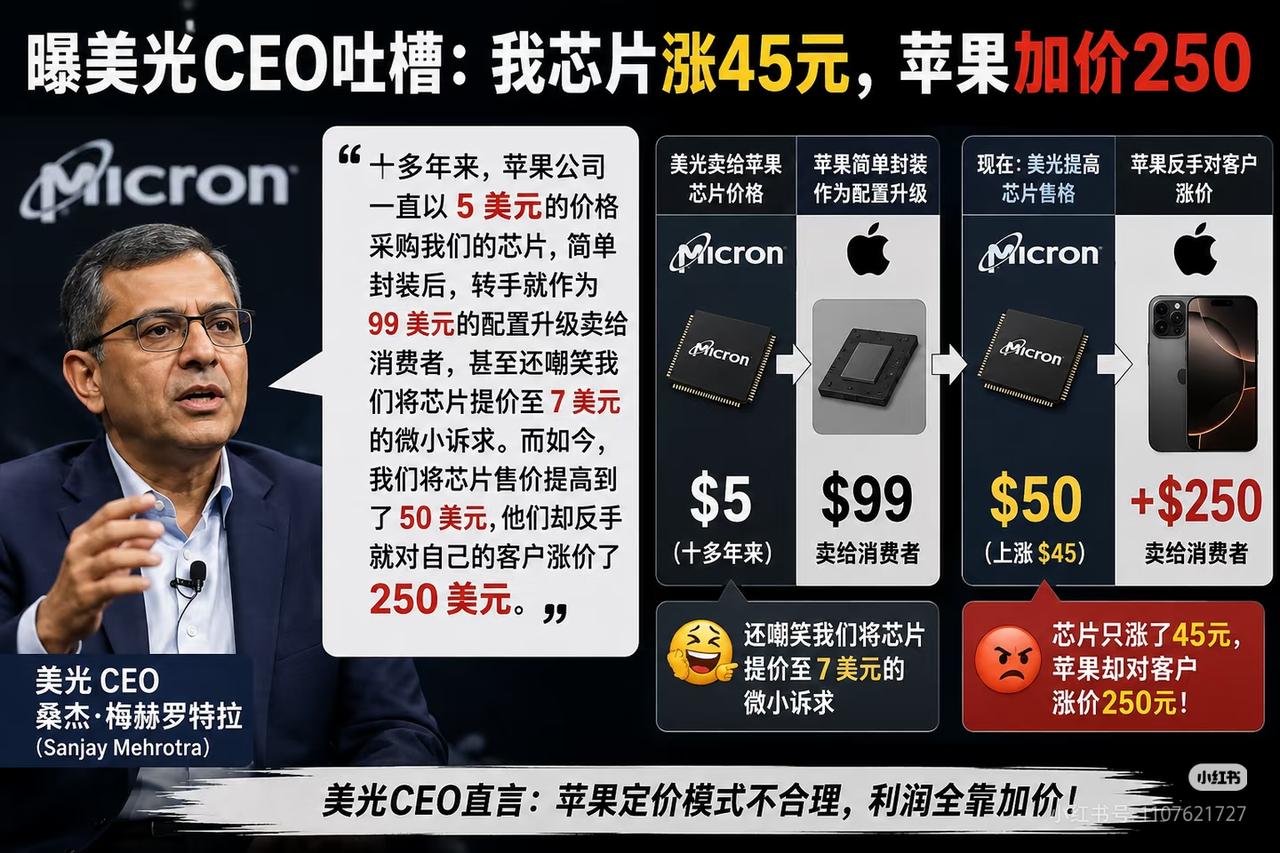 揭开苹果涨价谎言：芯片只贵了45刀，用户要多掏250刀!
美光CEO吐槽：我芯片