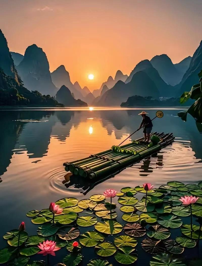 日暮临波炫彩融，
蜻蜓悄吻醉荷红。
渔翁渐隐烟霞处，
水天一色雾霭中。