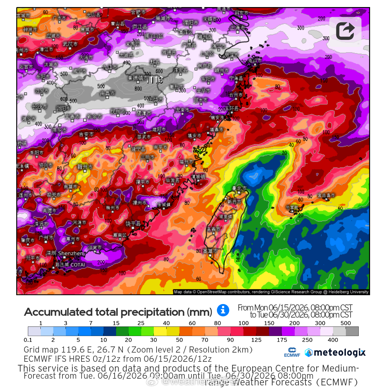 梅雨 非常经典的副高北侧的梅雨锋强降雨带，EC依然报的非常强，需高度警惕！气象观