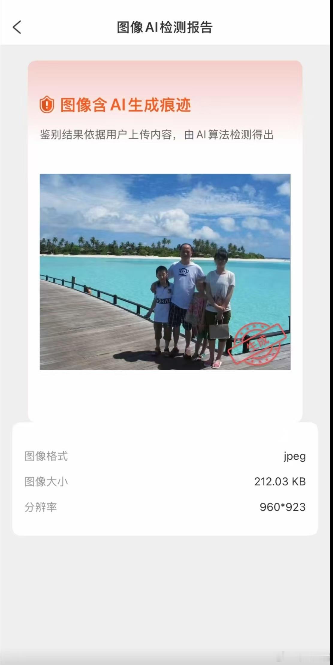 严军一家四口照片疑似AI生成专业AI图片检测软件统一判定，全家福五官肢体不合理，