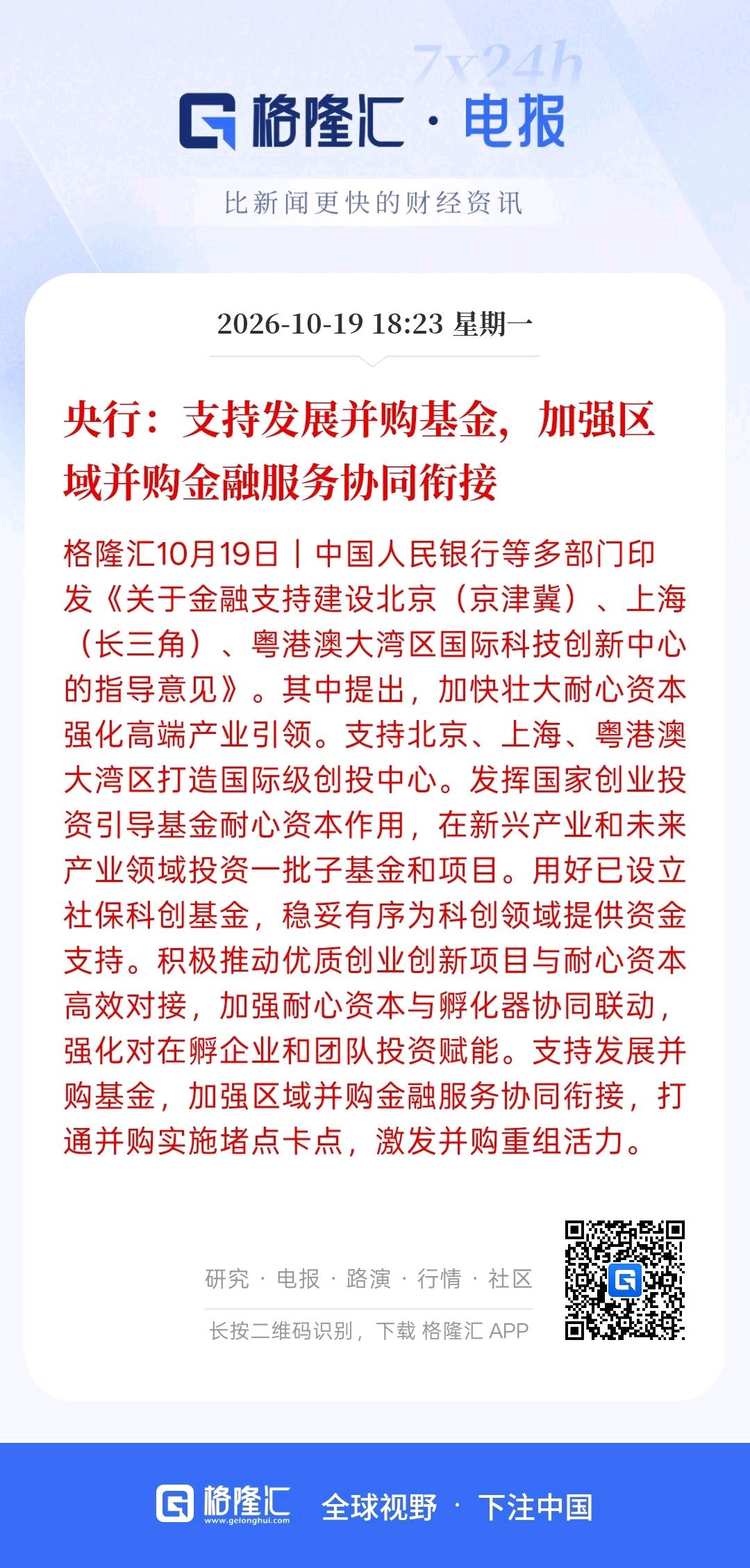 科技板块利好消息，央行将支持发展并购基金，加强区域并购金融服务协同衔接，为科技产
