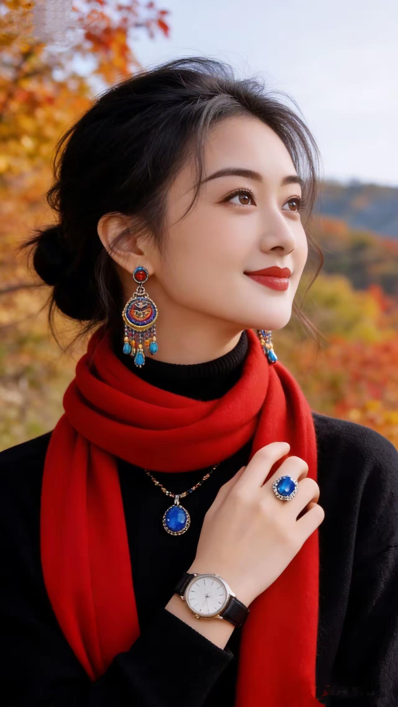 秋日穿搭指南：黑衣红巾，蓝宝石配饰，优雅动人