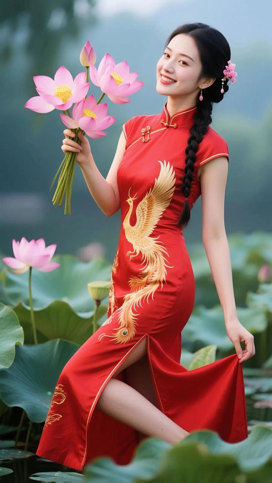 优雅红衣少女，手持莲花，笑靥如花
