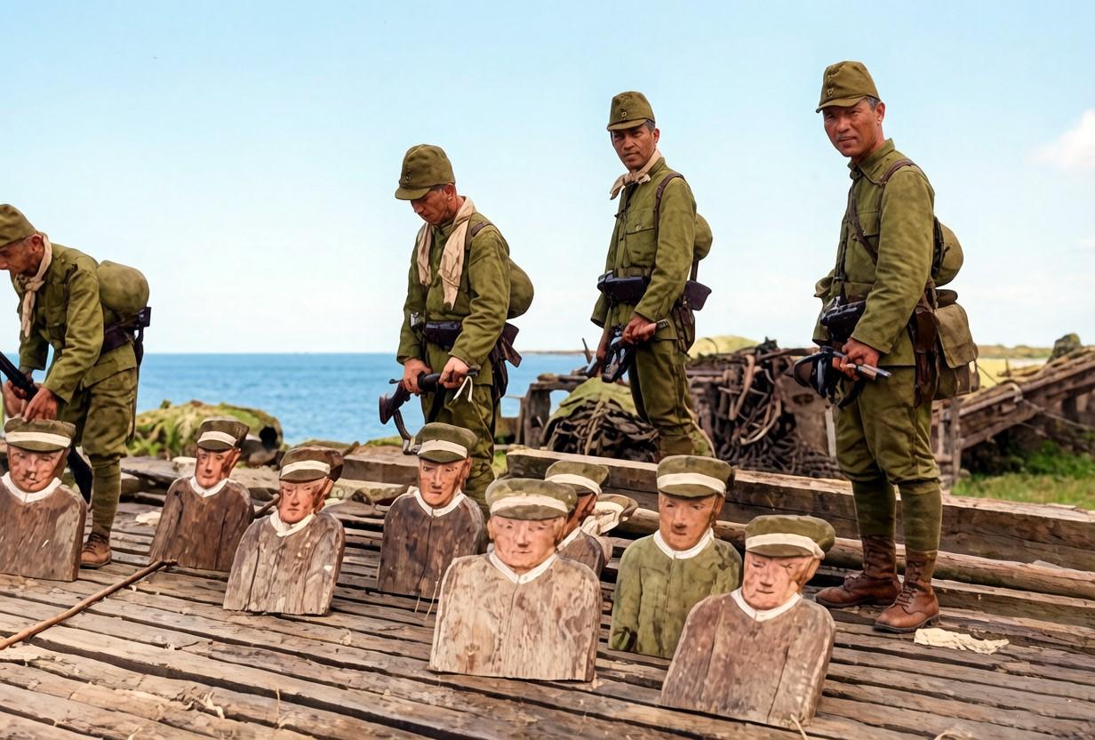 1937年淞沪会战期间，黄浦江边一处码头上，几名日军发现了一些整齐摆放在木板上的