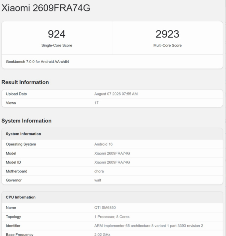Redmi Note 17 Pro Max跑分曝光了，骁龙6 Gen 5，8GB