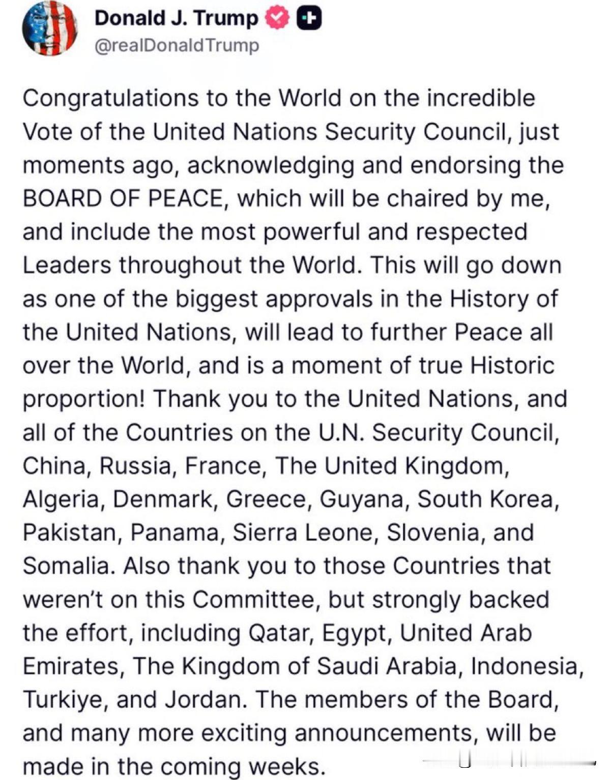 联合国安理会批准支持特朗普加沙计划的决议!哈马斯表示，不符合巴勒斯坦人民的要求和