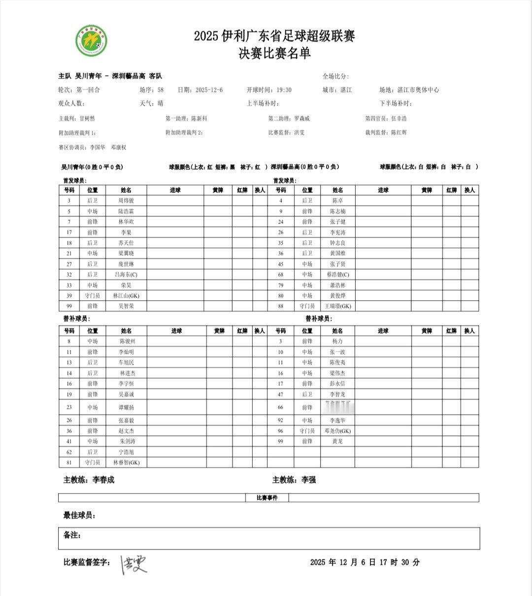 决赛第一回合首发名单 