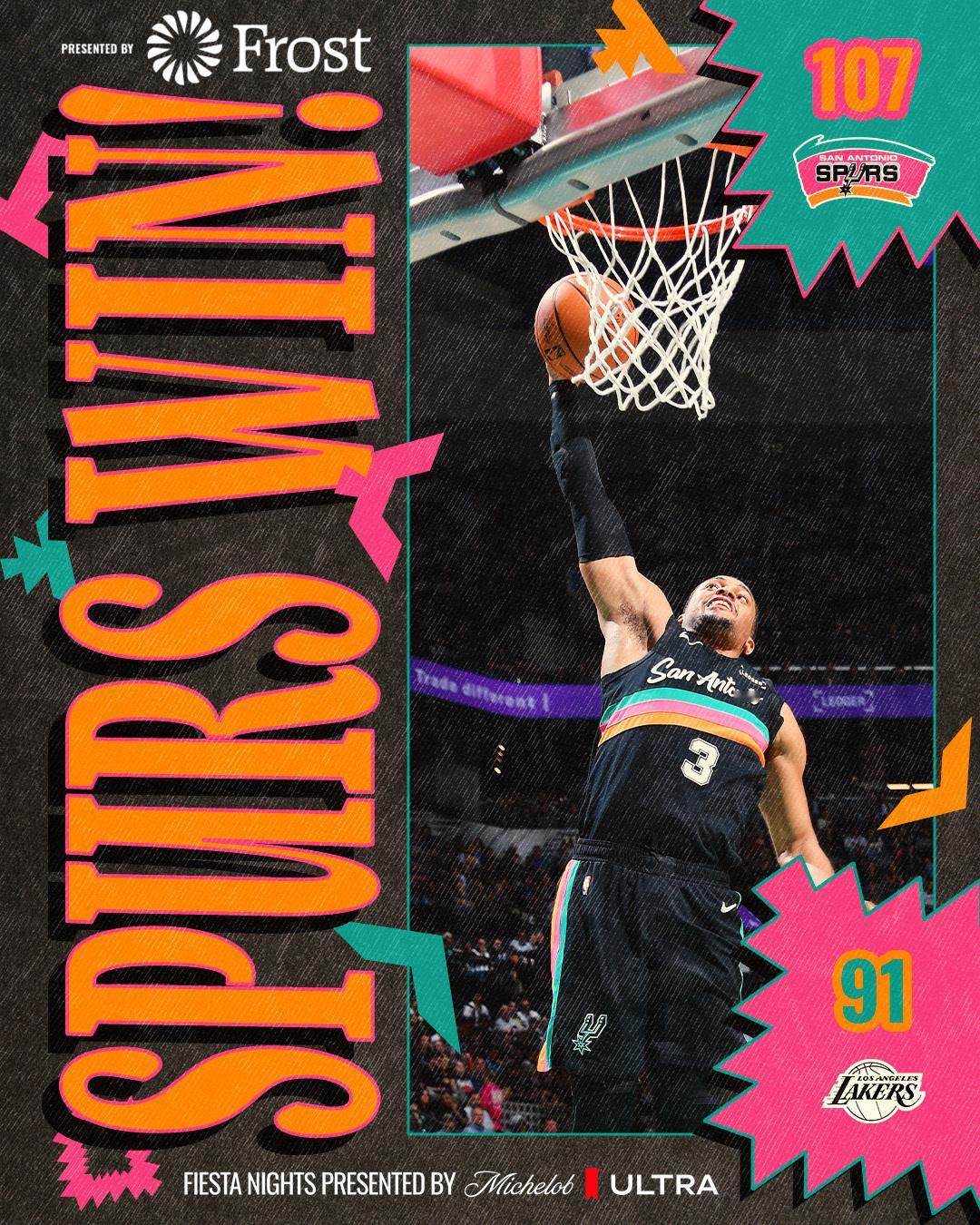 全场比赛结束！马刺107-91击败湖人，终结两连败🎉马刺（26-11）：凯尔登