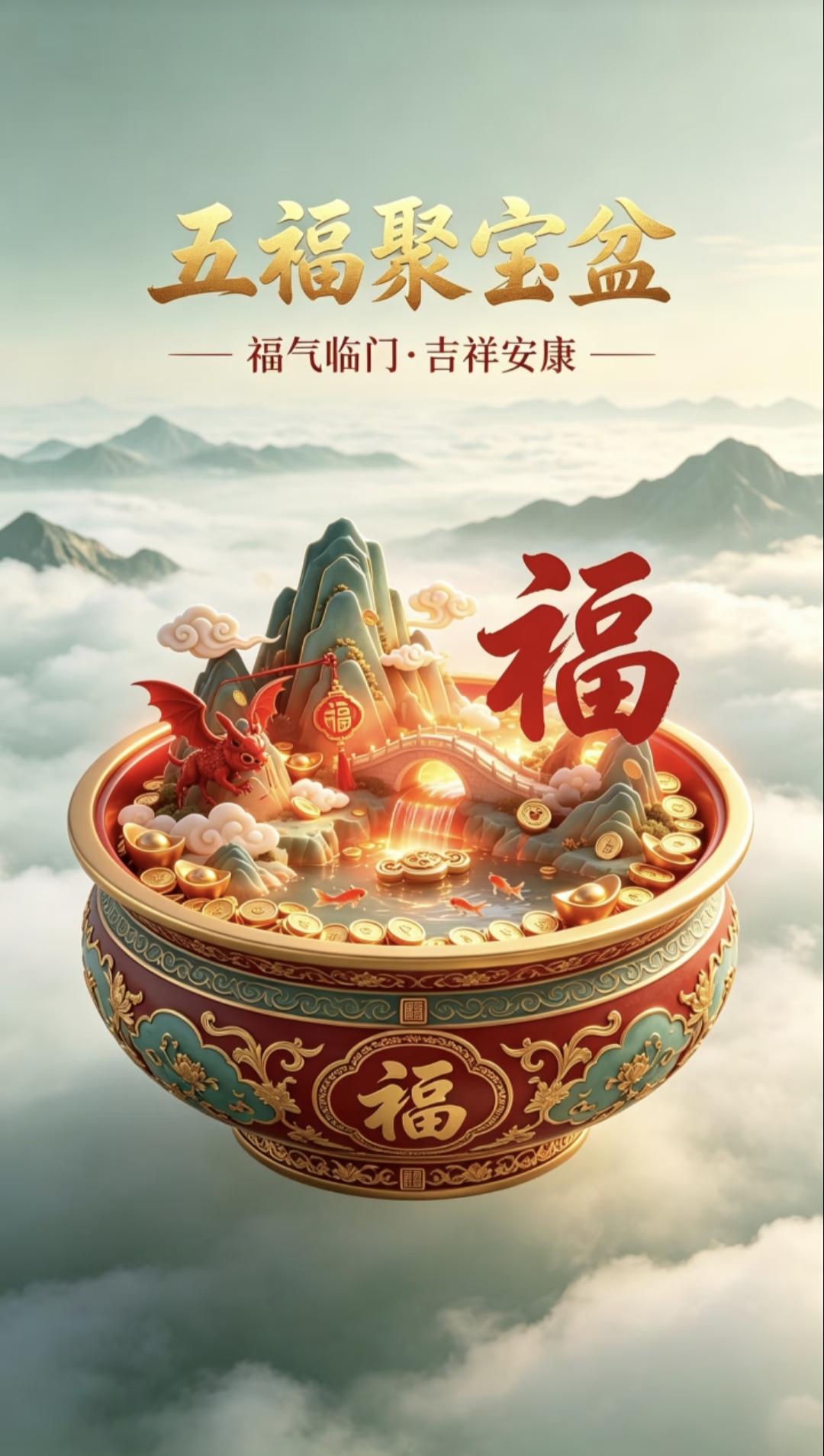 五福聚宝盆装满好运，锦鲤跃动财源滚滚，福气临门，愿你吉祥安康，接住这份满满的好运