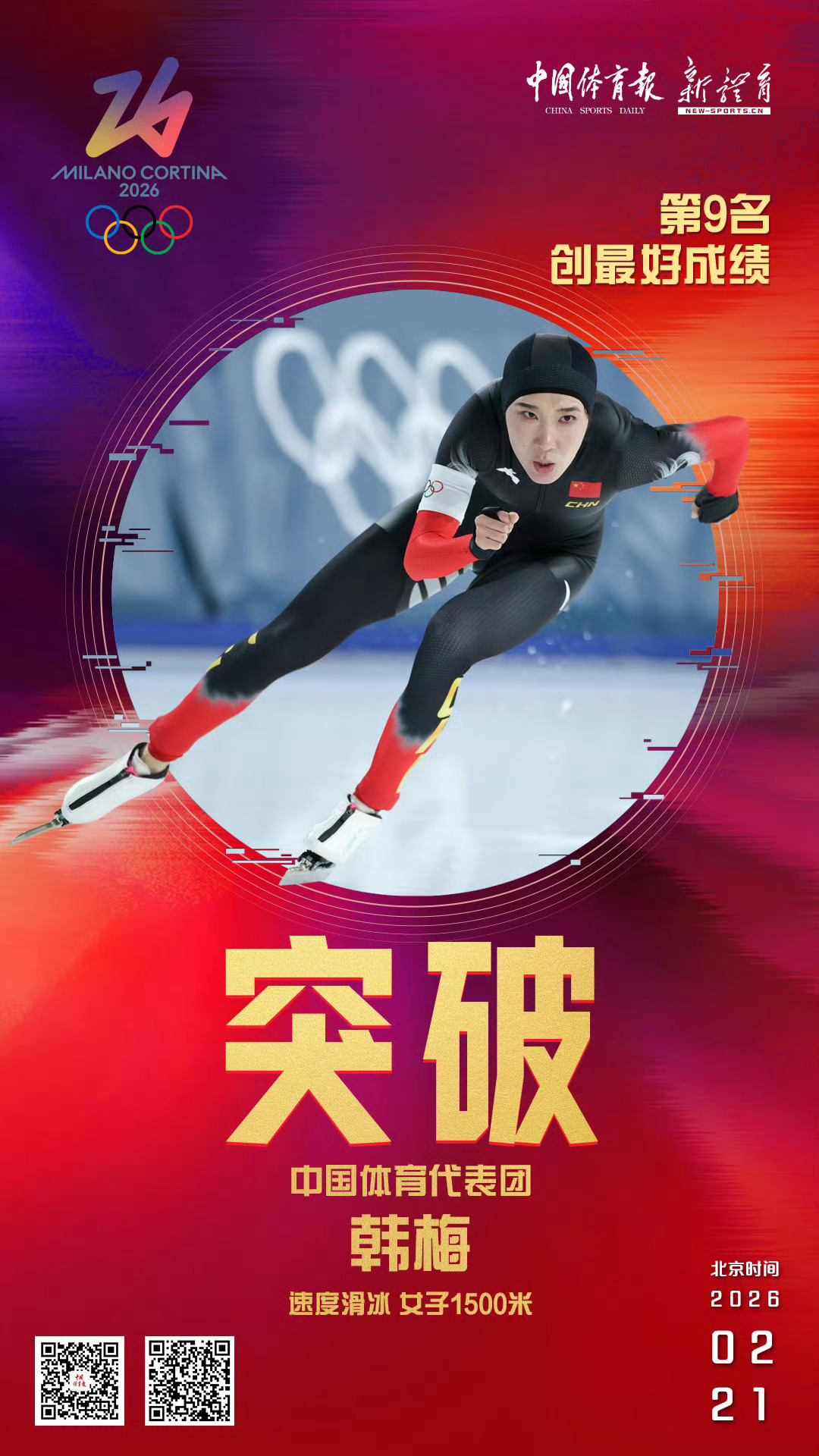 速度滑冰女子1500米韩梅第9名创最好成绩突破！冬奥会速度滑冰女子1500米比赛