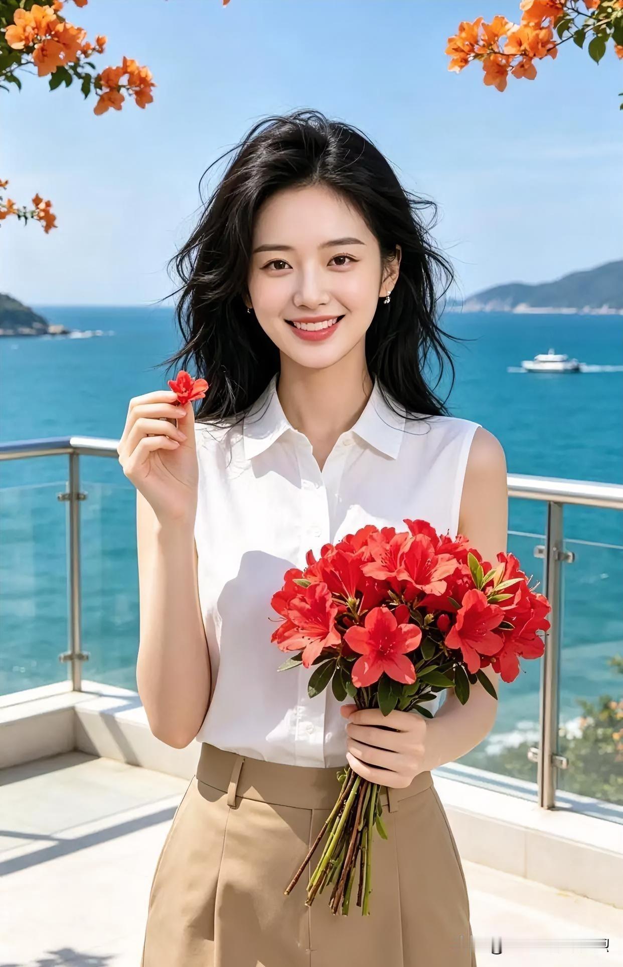 碧海蓝天之间，素白衣衫携来一缕清风。手捧灼灼繁花，笑靥如初夏暖阳，将最明媚的温柔