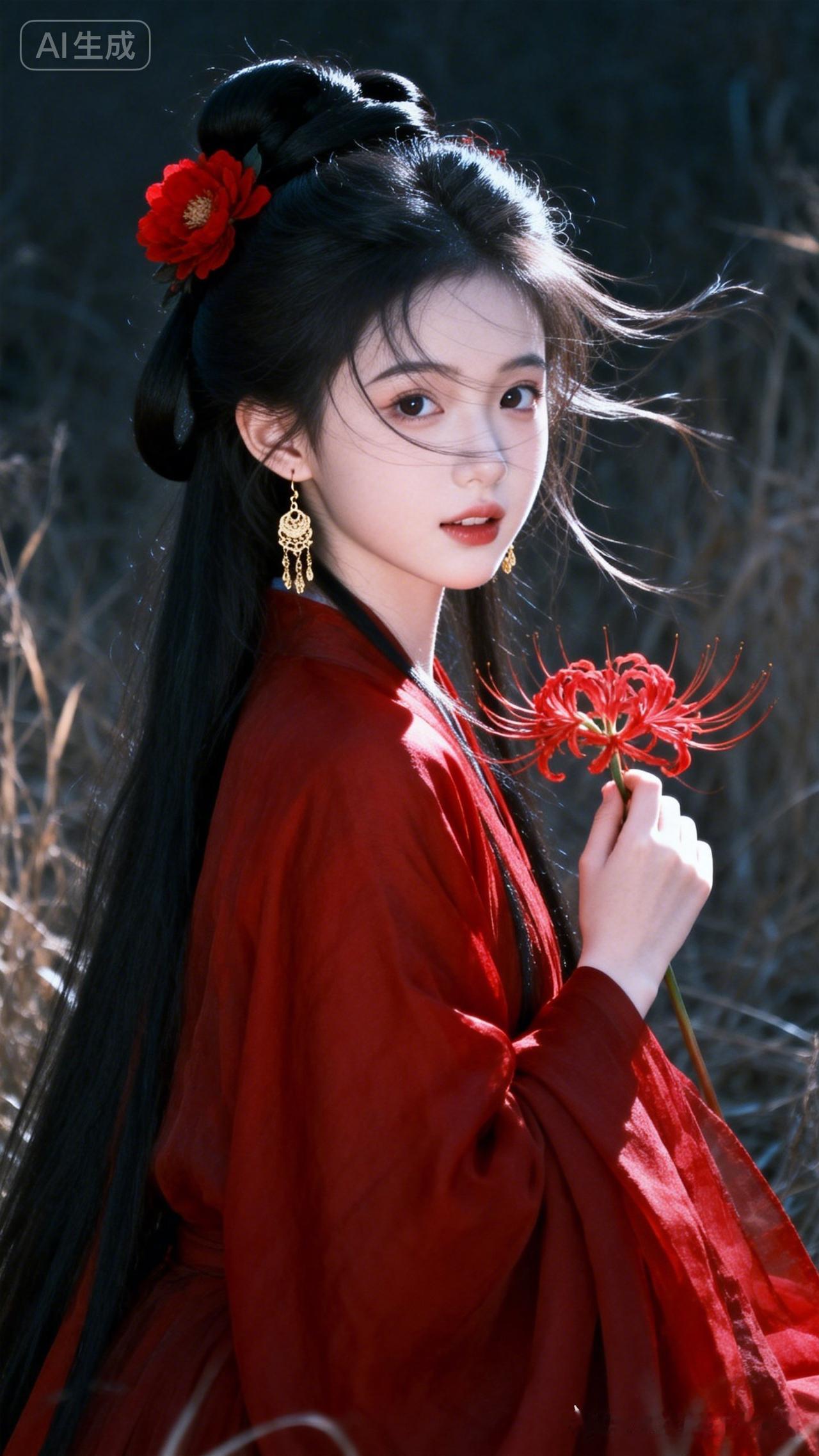这姑娘古装好美，花也红艳艳的。