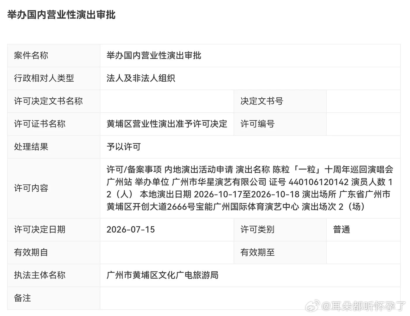 陈粒广州演唱会定档 审批顺利通过✨《一粒》十周年巡回演唱会登陆广州，双场连开狂喜