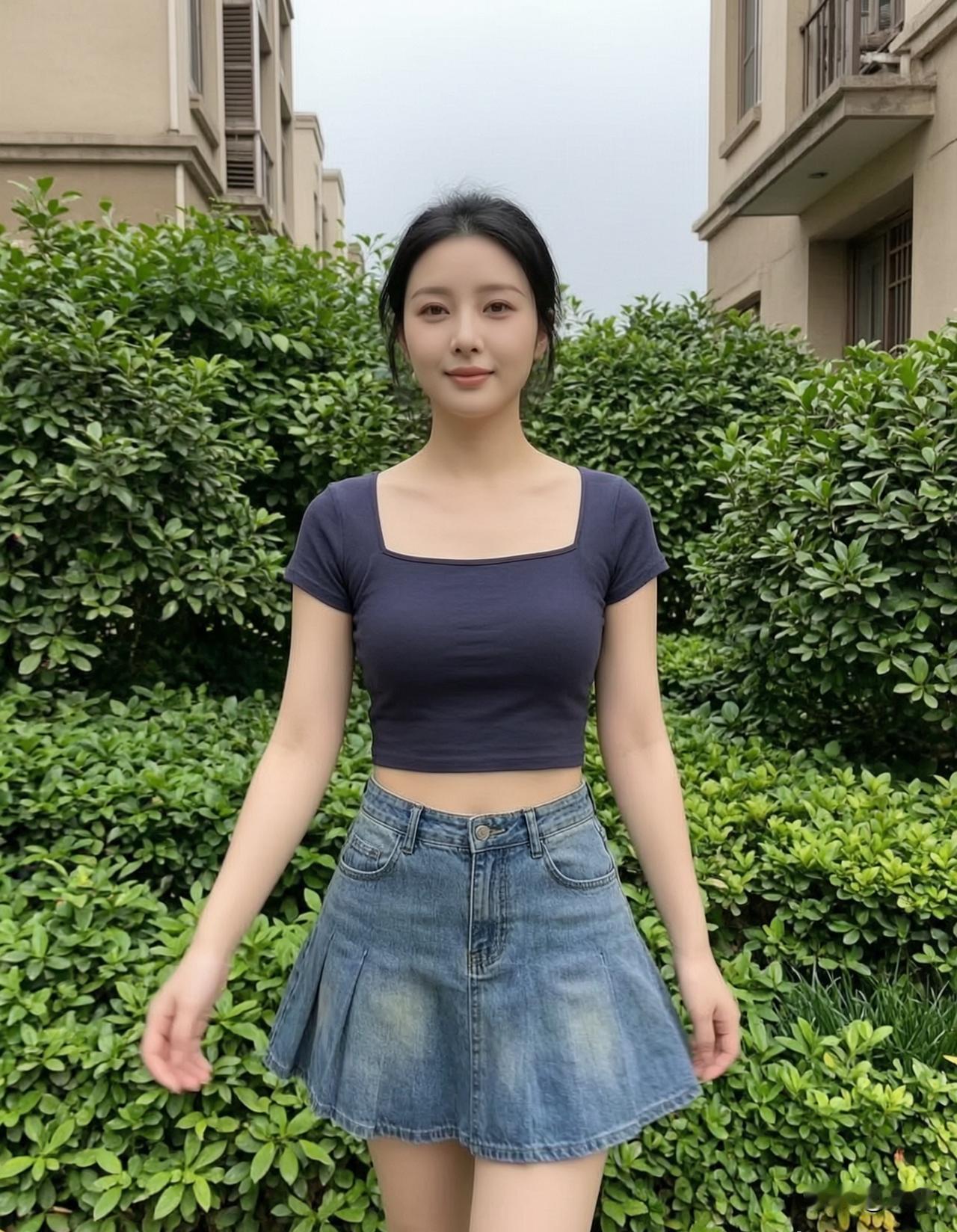 夏日来临，深色抹胸衣配牛仔短裙，那叫一个新潮又热辣！深色抹胸凸显出精致的肩部线条