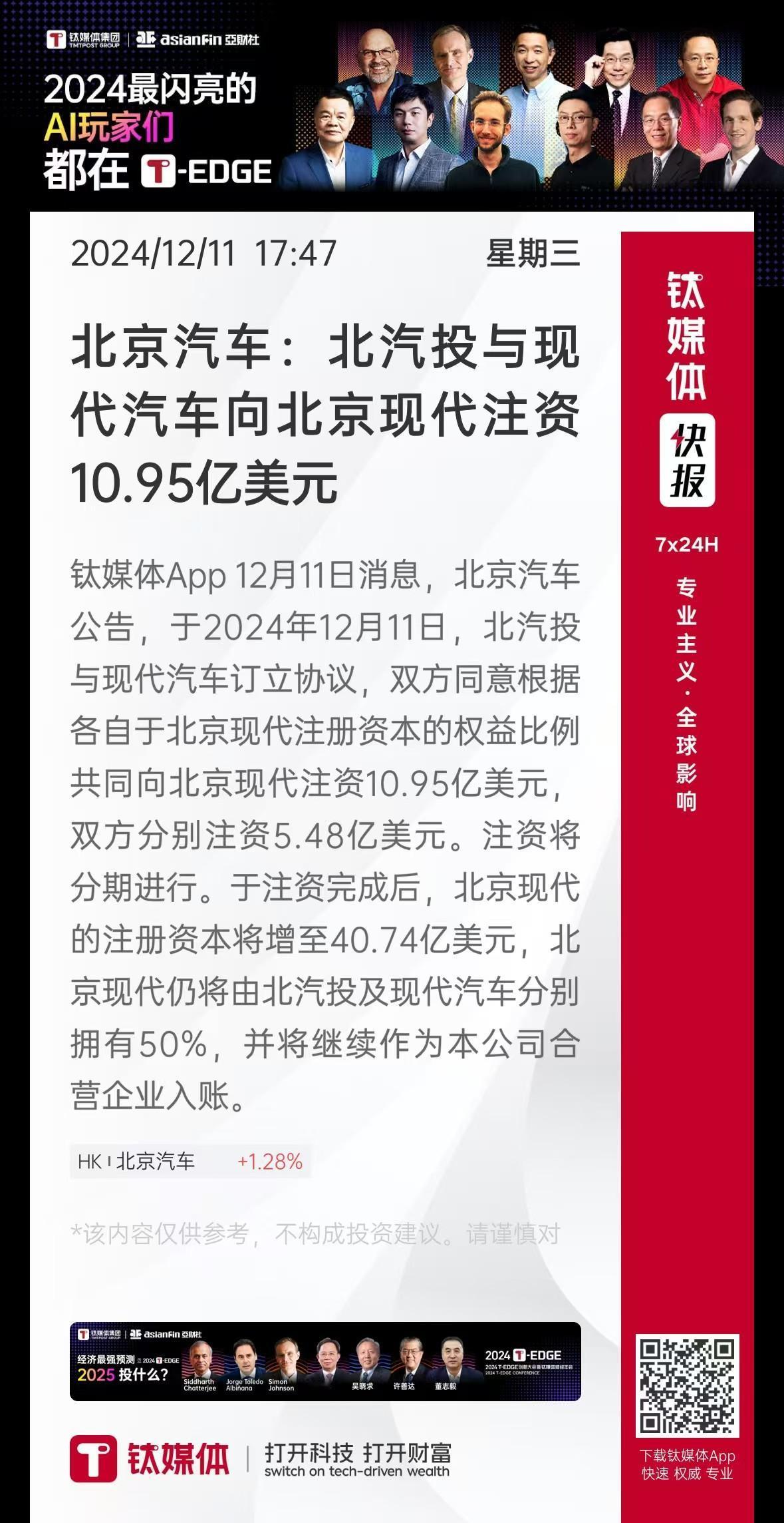 2024 年 12 月 11 日，北汽投与现代汽车共同为北京现代注入 10.95