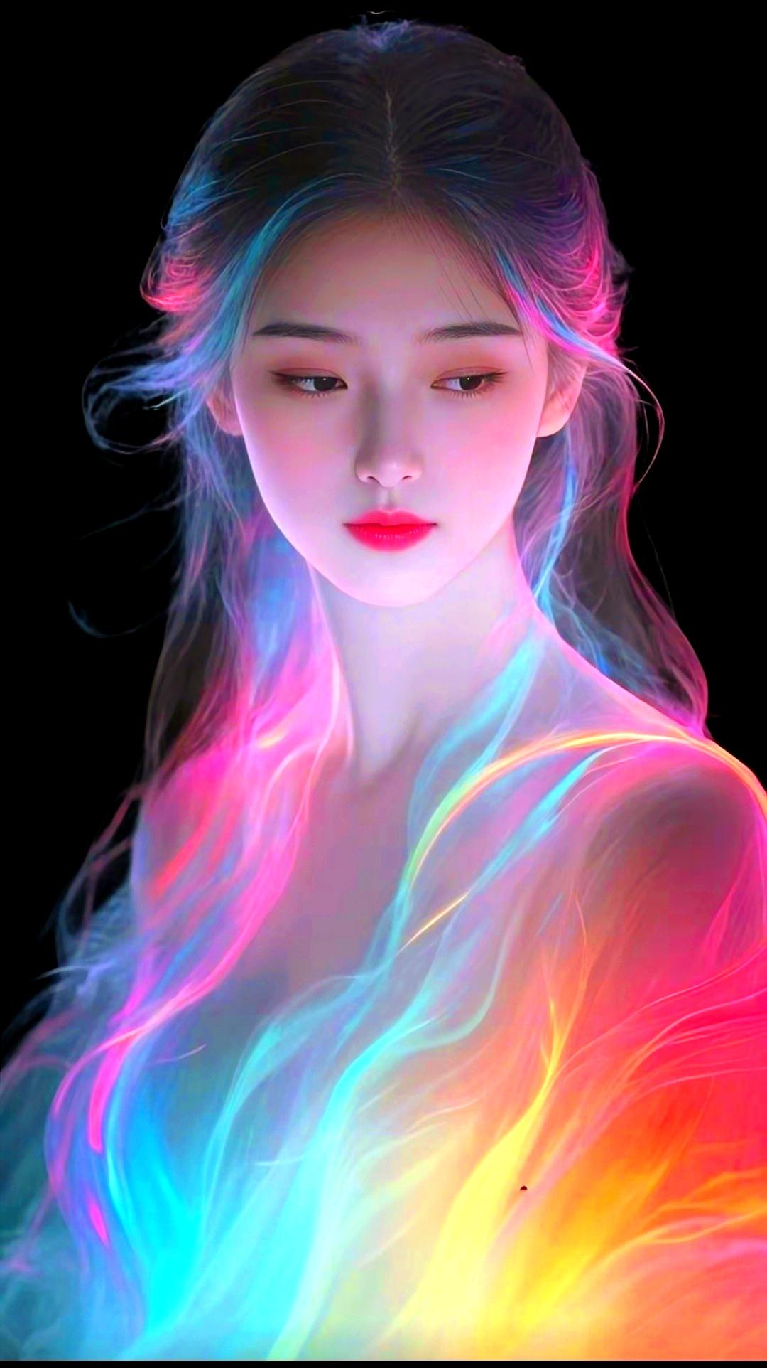 梦幻少女，霓虹光影，仙气缭绕紫色梦幻少女 梦幻白裙少女 彩虹梦幻少女