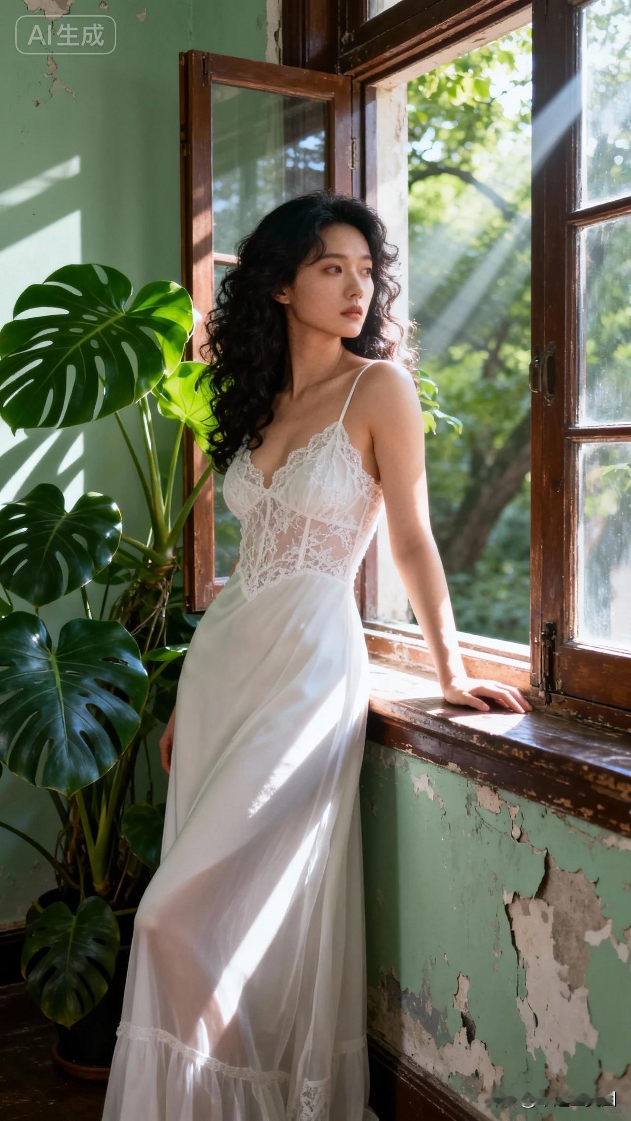 复古窗边，白裙飘逸，绿植映衬，时光静好。