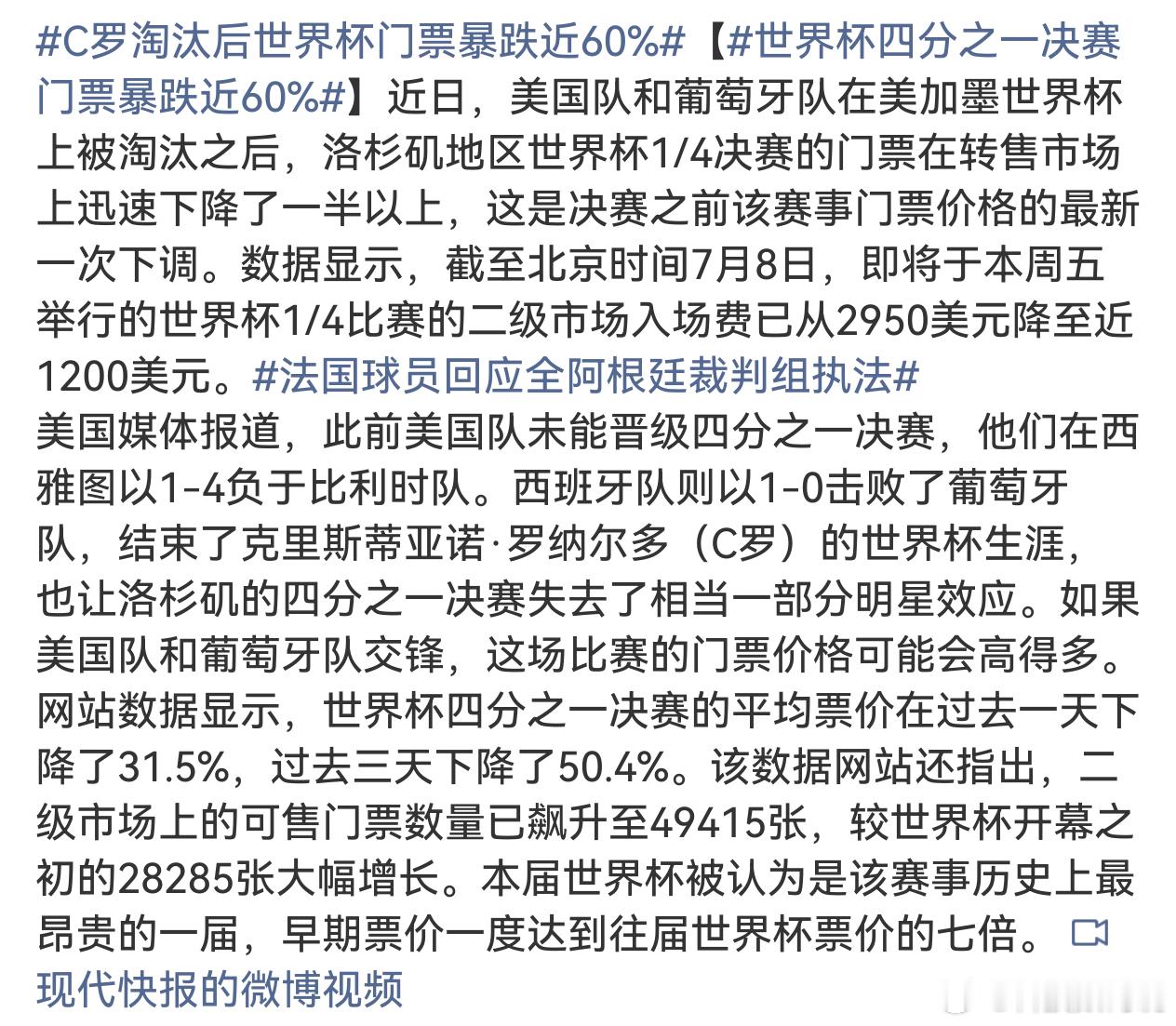 C罗淘汰后世界杯门票暴跌近60%看吧，足球就是一个巨大的商业游戏东道主美国和C罗