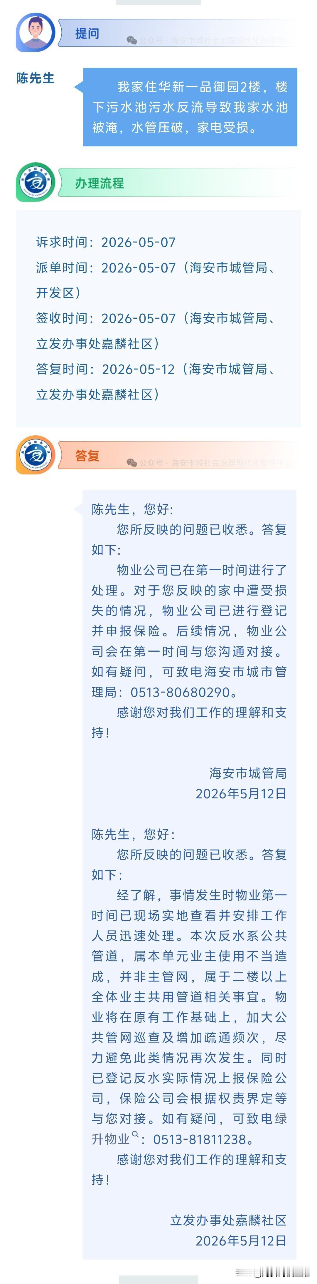 海安网友反映:  我家住华新一品御园2楼，楼下污水池污水反流导致我家水池被淹，水