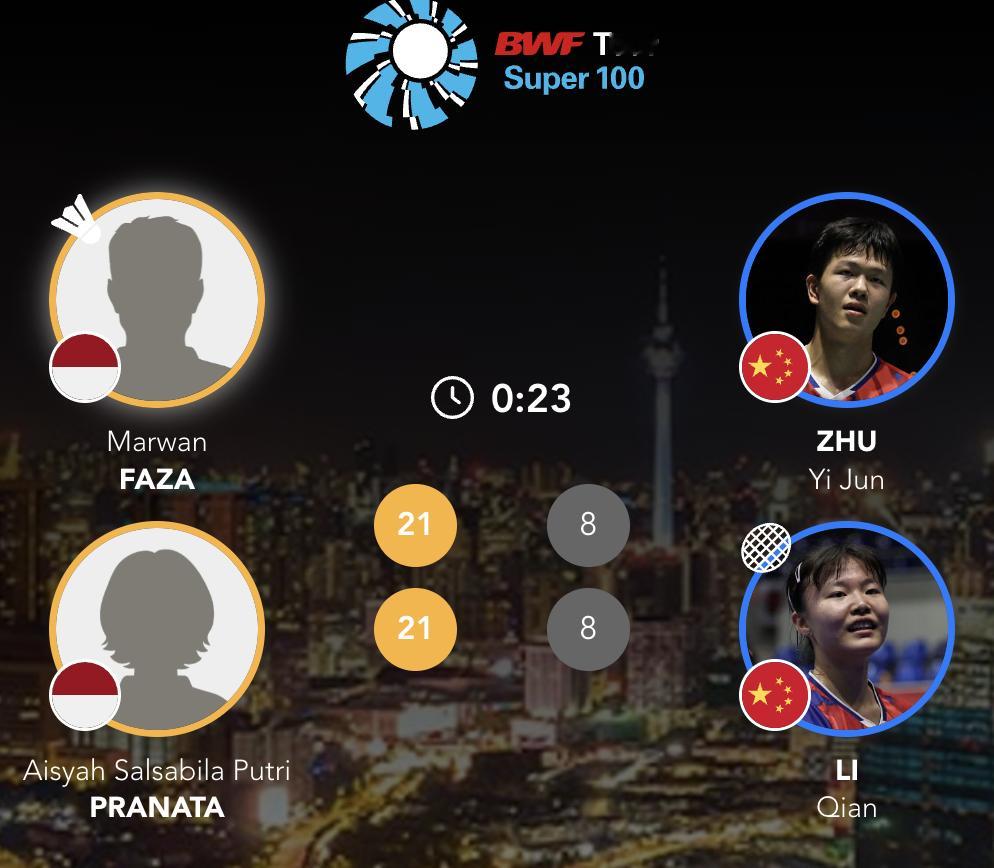 朱一珺/李茜🇨🇳 8-21、8-21 🇮🇩马尔万/普拉纳塔半决赛：渡边勇