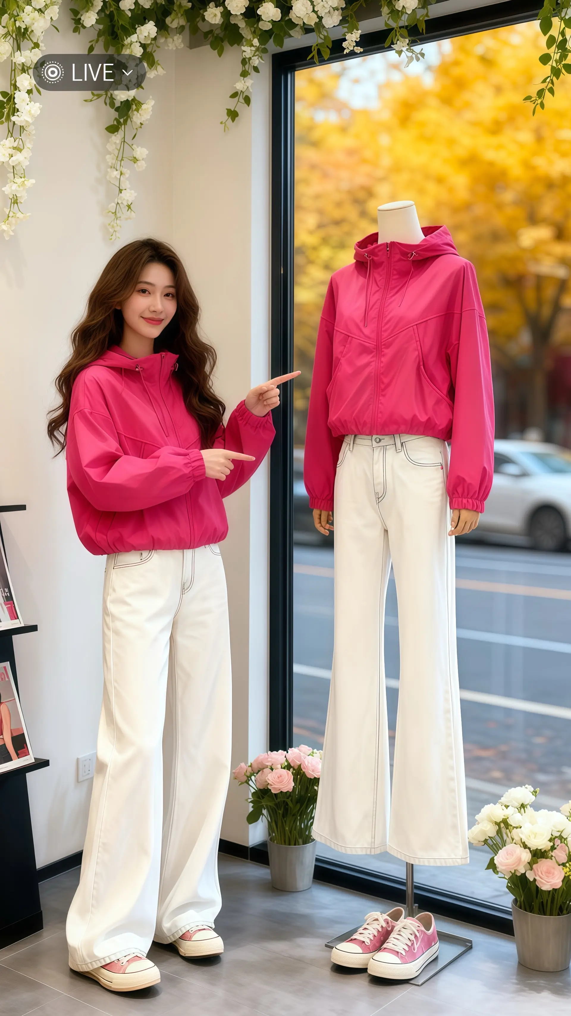 她穿着时尚短款冲锋衣外套，在高级感女装店内开启了一场秋日时尚之旅。这件...