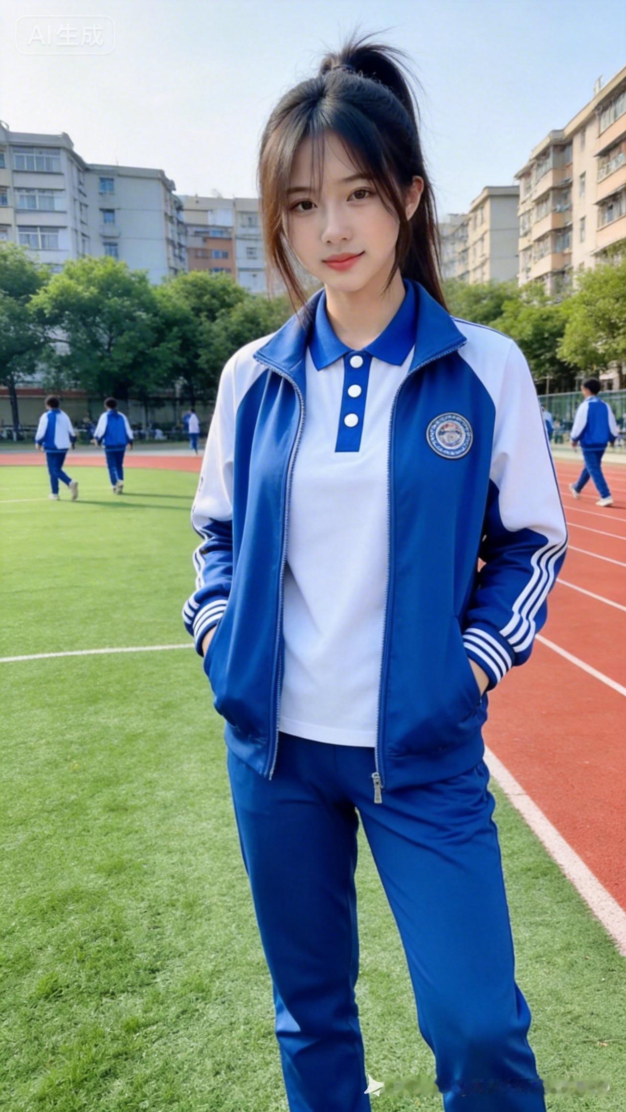 少女高马尾清爽利落，碎发衬得面容柔和，清甜笑颜灵动明媚。身着正统蓝白中学生校服，