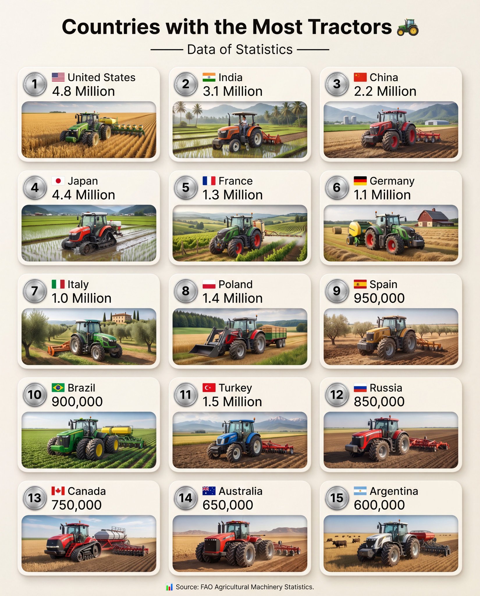 拖拉机保有量Top15国家：1. 🇺🇸 美国：480万台2. 🇮🇳 印度