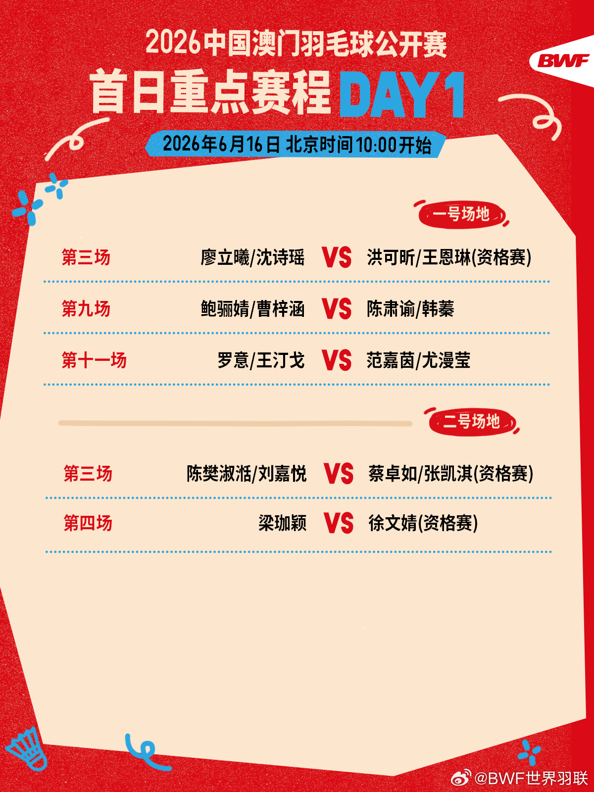 2026年中国澳门羽毛球公开赛 首日重点赛程🔥第一日赛程 上午十点开打🏸焦点