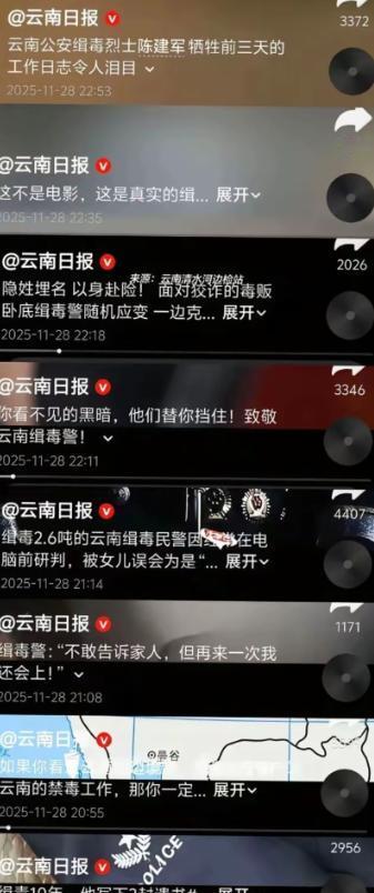 云南日报
昨天连发10条致敬
禁毒警察的视频，我还在疑惑，怎么发这么多，后面去了